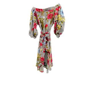NWT Gracia Floral Striped Off Shoulder Midi Dress with a High-Low Hem.  Size S